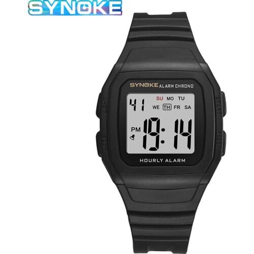 SYNOKE Simple LED Digital Display Watch Men Water Resistant Metro Watches Mens Wristwatches PU Strap Alarm Clock Hourly Hour