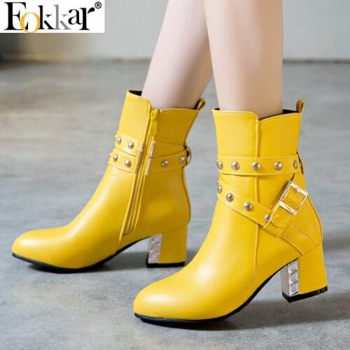 Eokkar 2020 Women Ankle Boot Elegant Square High Heel Boots All Match Ladies Boots Winter Shoes Boots Casual Shoes Size 34-43