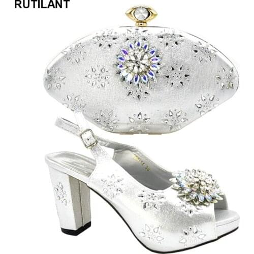 Italian Shoes with Matching Bags for Women Nigerian Women Wedding Shoes and Bag Set Decorated with Rhinestone Buckle Strap PU