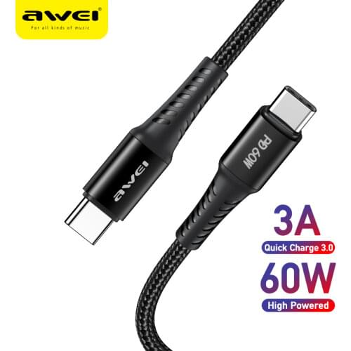 Awei USB C to USB Type C Cable for MacBook Pro Quick Charge 4.0 PD 60 W Fast Charging for Samsung Xiaomi mi 10 Charge Cable