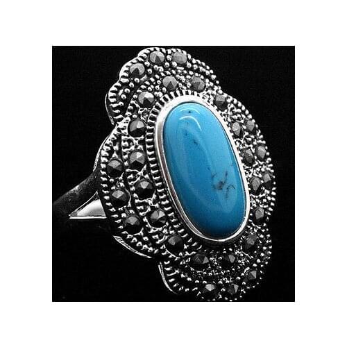 24*16mm Vintage Style Blue Natural Turquoise 925 Sterling Silver Marcasite Ring Size 7/8/9/10