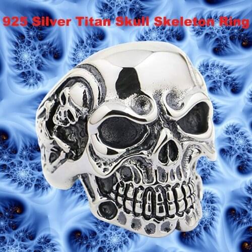 Punk Retro Fashion Skull Skeleton Ring Solid 925 Sterling Silver Cool Mens Knight Individuality Titan Ring 8V005