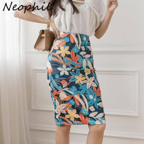 Neophil 2021 Summer Wrap Geometric Floral Print Pencil Skirts Knee Length Faldas Mujer Casual Fashion Bodycon Split Skirt S21611