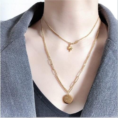 New Fashion Wome Multilayer Personality Stainless Steel Gold Silver Color Hexagram Coin Letter Double Chain Choker Necklaces Wom