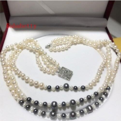 New beautiful fashion natural freshwater pearls 3 rows 6-7MM white black pearl necklaces 18 inches
