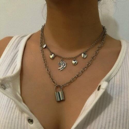 Thick And Thin Multilayer Chain Fashion Jewelry Necklace For Women Chunky Gothic Cupid Peach Heart Lock Pendant Necklaces