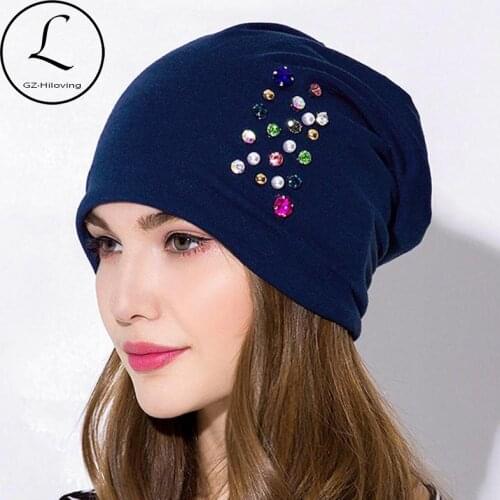 GZHilovingL Casual Women Pearl Rhinestones Beanies Hat For Autumn Winter 2018 Ladies Femme Soft Solid Cotton Stretch Slouch Hats