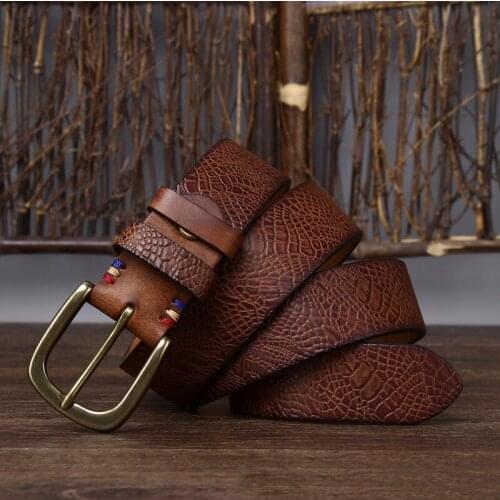 New Solid Copper Pin Buckle Belt Male Serpentine Belts Cowskin Male Snakeskin Grain Belt Fashion Genuine Leather Jeans Belts