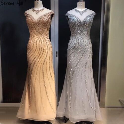 Luxury Sexy Sparkly O-Neck Gold Evening Dresses Dubai Crystal Sequined Mermaid Formal Dress 2020 Serene Hill LA6114