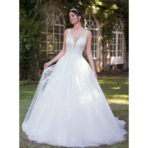 V Neck Wedding Dresses 2021 Applique Lace Beads Sequins Floor Length Open Back A Line Backless Bridal Gowns Vestido De Noiva