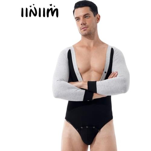 Deep V Neck Top Sexy Bodysuit Long Sleeve Button Down Jumpsuit Lingerie Teddies Skinny Sleepwear Nightwear Male Leotard Romper