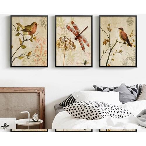 HAOCHU Triptych American Vintage Watercolor Birds On Tree Canvas Painting Art Print Poster Animal Wall Picture Home Decor