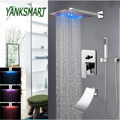 YANKSMART Chrome Polished LED Light Bathroom Shower Faucet Set Rain Waterfall Bathtub Shower System Wall Mounted Mixer Tap Kit