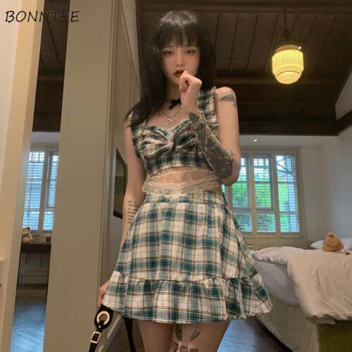 Dress Sets Women Summer Fashion New Plaid Sweet Patchwork Korean Style College Streetwear Crop Tops High Waist A-line Slim Lady