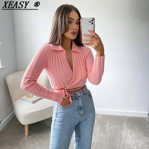 XEASY 2021 Women Fashion Pink Lace-Up Cardigan Vintage Sexy V-Neck Long Sleeve Knitted Top Female Chic Short Knit Sweater Tops