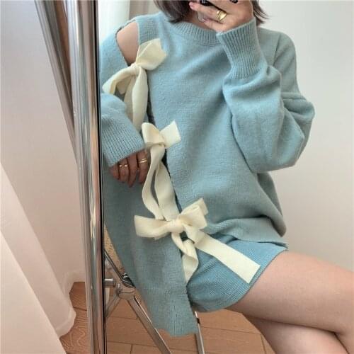 2020 New Autumn Korean Style Sweater Women Casual Bow Tie Hollow-out Split Sweaters Long Sleeve Pullover Solid Knitted Tops