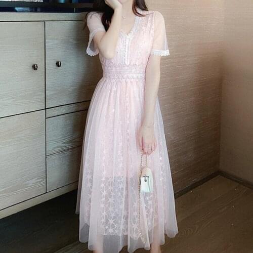 Summer Elegant Slim V-Neck Mesh Dress 2021 Women Korean Fashion Sweet High Waist Fairy Midi Dress Vestidos