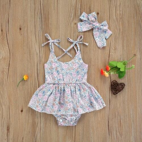 2Pcs Baby Girls Clothes Sweet Style Summer Floral Printing Lace Up Shoulder Strap Sleeveless Suspender Romper + Headwear Set