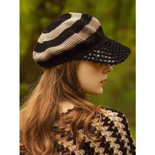 B-7948 Handmade Knitting Beret Hat Adult British Elegant Striped Casquette Adjustable Hats Vintage Beret Octagonal Hat