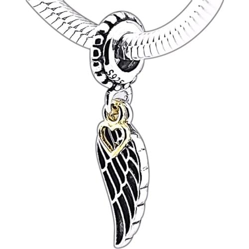 Fits for Pandora Charms Bracelets 100% Sterling Silver Jewelry Angel Wing Beads with 14K Real Gold Heart Free Shipping