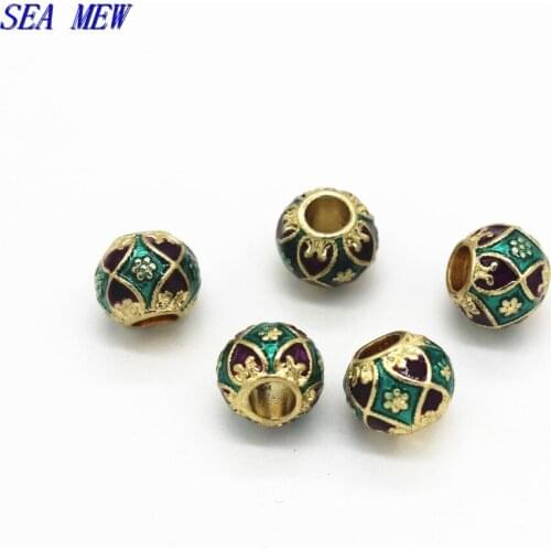 SEA MEW 10PCS 8.5mm*7.5mm Metal Alloy Beads Drops Of Glaze Nepal Handmade Spacer Beads Hole Bead Bodhi Bead For Jewelry Making
