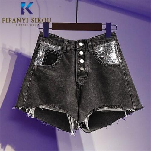 Black Denim Shorts Women Summer Loose Plus Size High waist Jeans Shorts Button Sequined A-Line Wide leg Short Pants Jeans 5XL