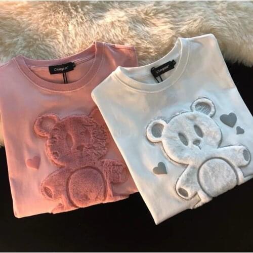 Couple T-shirt Summer LOVE O-Neck Short Sleeve Appliques Plush Bear Tshirt Christmas Casual Cotton Tees Brand Loose Couple Top