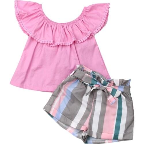 Pudcoco Summer Toddler Baby Girl Clothes sets Off Shoulder Ruffle Solid Color Tops Striped Short Pants 2Pcs Casual Outfits
