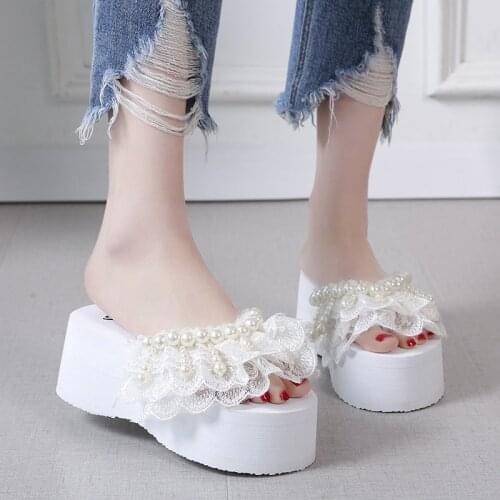 New Summer High Heels Flat Platform Shoes Woman Slippers Thick Bottom Pearl String Bead Crystal Flip Flops Women Shoes Plus Size
