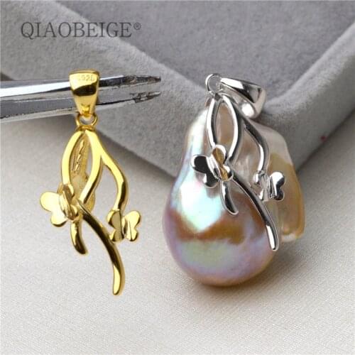 QIAOBEIGE Diy Silver 925 Baroque Pearl Pendant butterfly shaped Jewelry Necklaces Pendant components for jewellry making