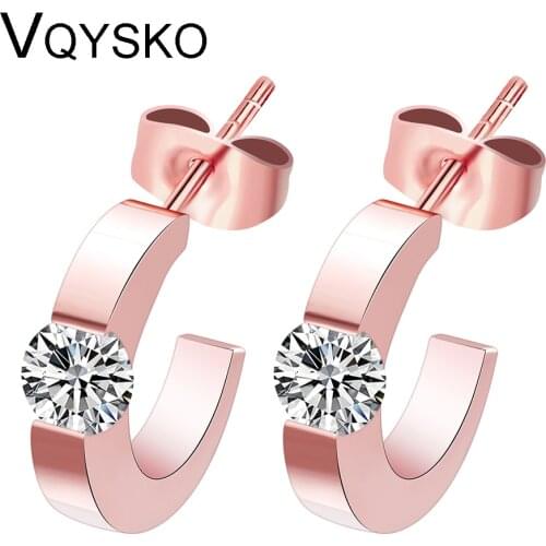 Fashion Shiny Cubic Zircon Stud Earrings Rose Gold-Color Stainless steel Earrings For Women Jewelry Korean Style