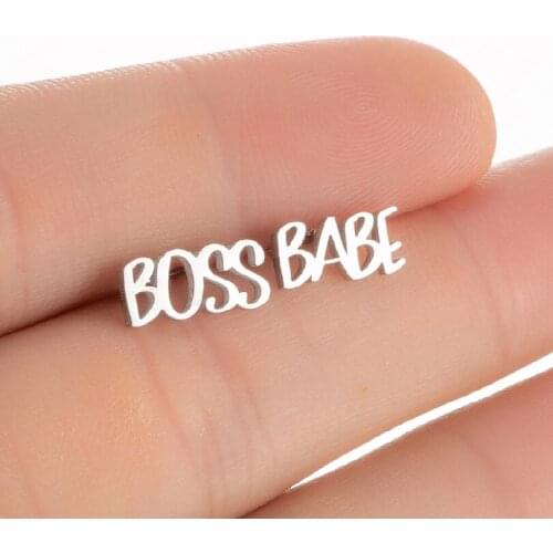 Cool Surgical Stainless Steel Letter Boss Babe Earrings Tiny Baby Stud Ear For Women Kids Boho Female Piercing Jewelry For Girl
