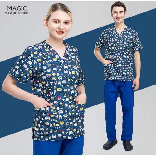 High Quality Beauty Salon V-Neck Work Clothes Experimenter Scrubs Tops Unisex Print Doctor Grooming Institutions Medical Uniform