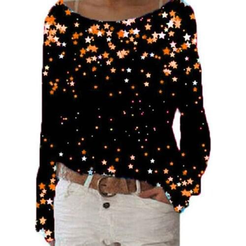 2021 Womens Star Print T-Shirt Round Neck Long Sleeve T-shirt Womens Casual Shirt Spring And Autumn Womens Shirt Plus Fashion