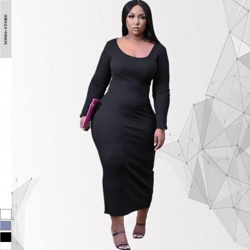Womens Clothing Fashion U-neck Solid Color Casual Long Sleeve Slim Commuting Sexy Plus Size Midi Dress Wholesale Dropshipping