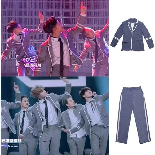 Kpop EXO Stage Show New Long Sleeve Lapel Cardigan Jackets Blazers Coat+Loose Casual High Waist Stripe Pants Trousers Women Sets