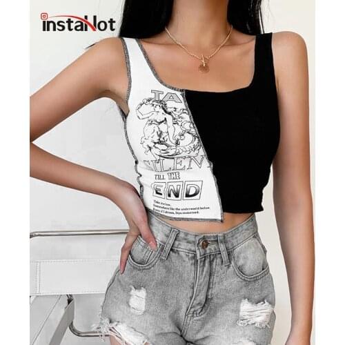 InstaHot harajuku patterned tank tops summer women sleeveless patchwork slim letter print streetwear casual crop tops 2020 vest