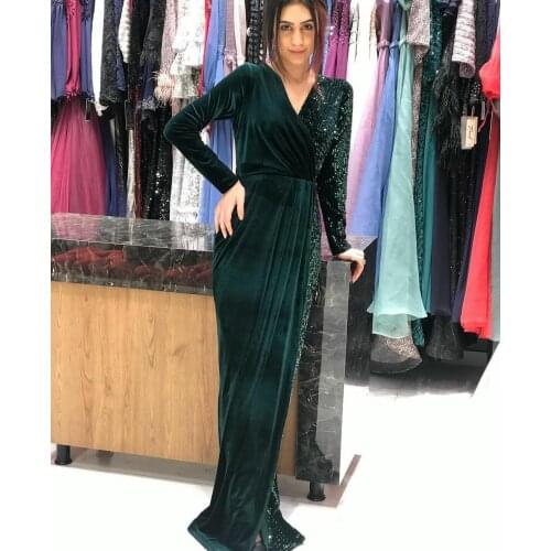 Sexy Long Sleeve Green Evening Dresses with Pockets Zipper Back Mermaid Floor Length V-Neck Abendkleid Robes de Soirée for Women