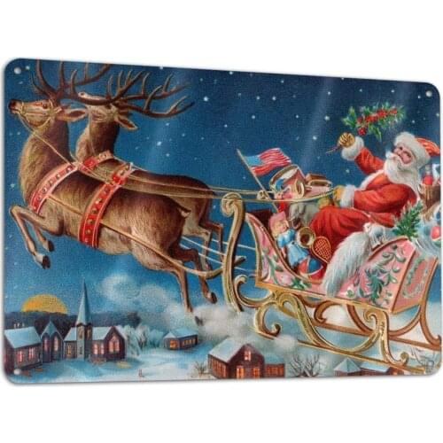 Winter Sleigh, Tin, Vintage Metal, Santa Claus, Flying Deer, Snow, Parking Lot, Bar, House, Classic Vintage 20x30cm
