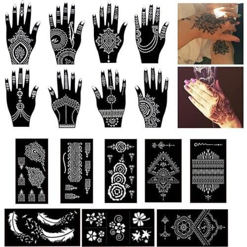 16 Sheets Henna Tattoo Stencil For Glitter Tattoo Temporary Black Mehndi Indian Arabian Self Adhesive Templates For Painting