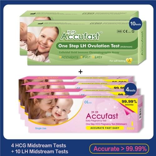 ACCUFAST 4Pcs HCG Pregnancy Test Midstream + 10Pcs LH Ovulation Test Midstream Disposable Private Urine Test Stick For Women
