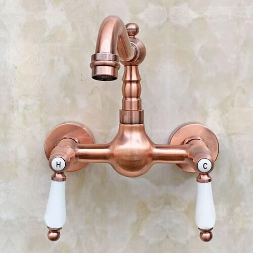 Antique Red Copper Brass Wall Mounted Dual Ceramic Handles Kitchen Sink Faucet Bathroom Basin Mixer Taps Swivel Spout mrg035