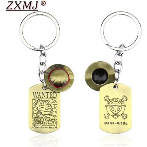 ZXMJ One Piece Luffy straw hat Keychain KeyRing Double tag Square letter WANTED Necklace & pendant Car key pendant for fans gift