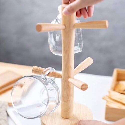 Wood Tree Mug Holder Tabletop Tea Coffee Cup Rack Storage Organizer Display Stand with 6 Hooks Wholesale