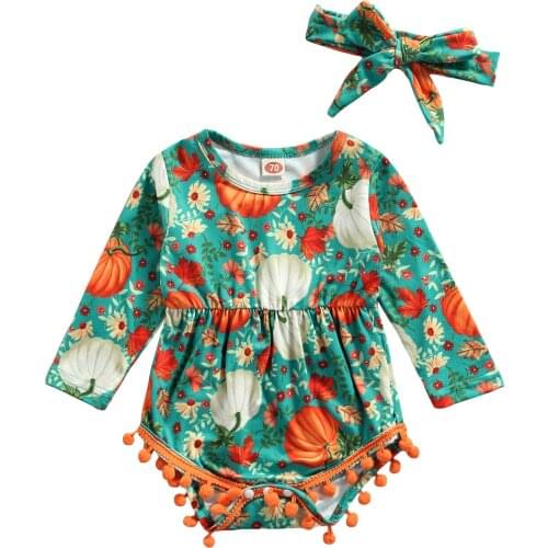 2021 Lovely Baby Girls Halloween Clothes Set Long Sleeve Round Collar Romper and Bow Knot Headband Festival Clothes