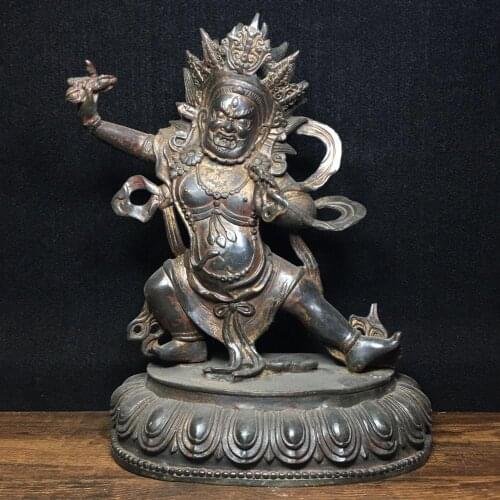 Home Decor 11" Tibet Buddhism Temple Old Bronze Cinnabars Big Black Sky Buddha Statue Vajra Guardian Mahakala Statue Enshrine