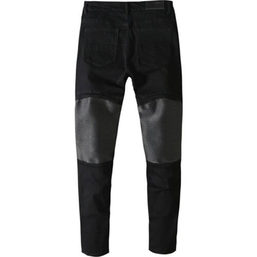 High Street Knee Leather Patchwork Jeans Men Hip Hop Black Streetwear Denim Trousers Casual Straight Fit