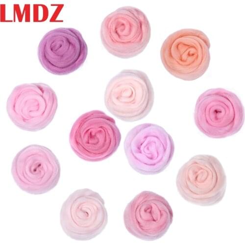 LMDZ 12 Colors Pink Wool Fibre Roving For Needle Felting Hand Spinning DIY Fun Doll Needlework Raw Wool Felt poke 50g