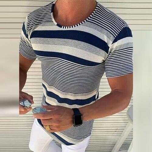 Summer Stripe Pattern Men Pullover Tee shirts Casual Square Collar Short Sleeve Plus Size Slim Fit Male Streetwear Tops Blusa