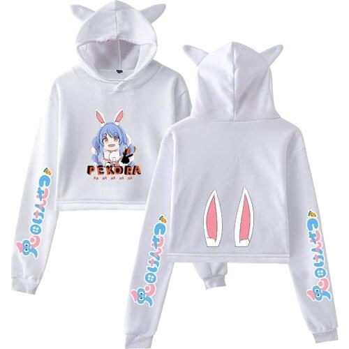 HOLOLIVE VTuber Usada Pekora Print Cat Cropped Hoodies Girl Long Sleeve Hooded Pullover Crop Tops Kawaii Sweet Sexy Loose Tide